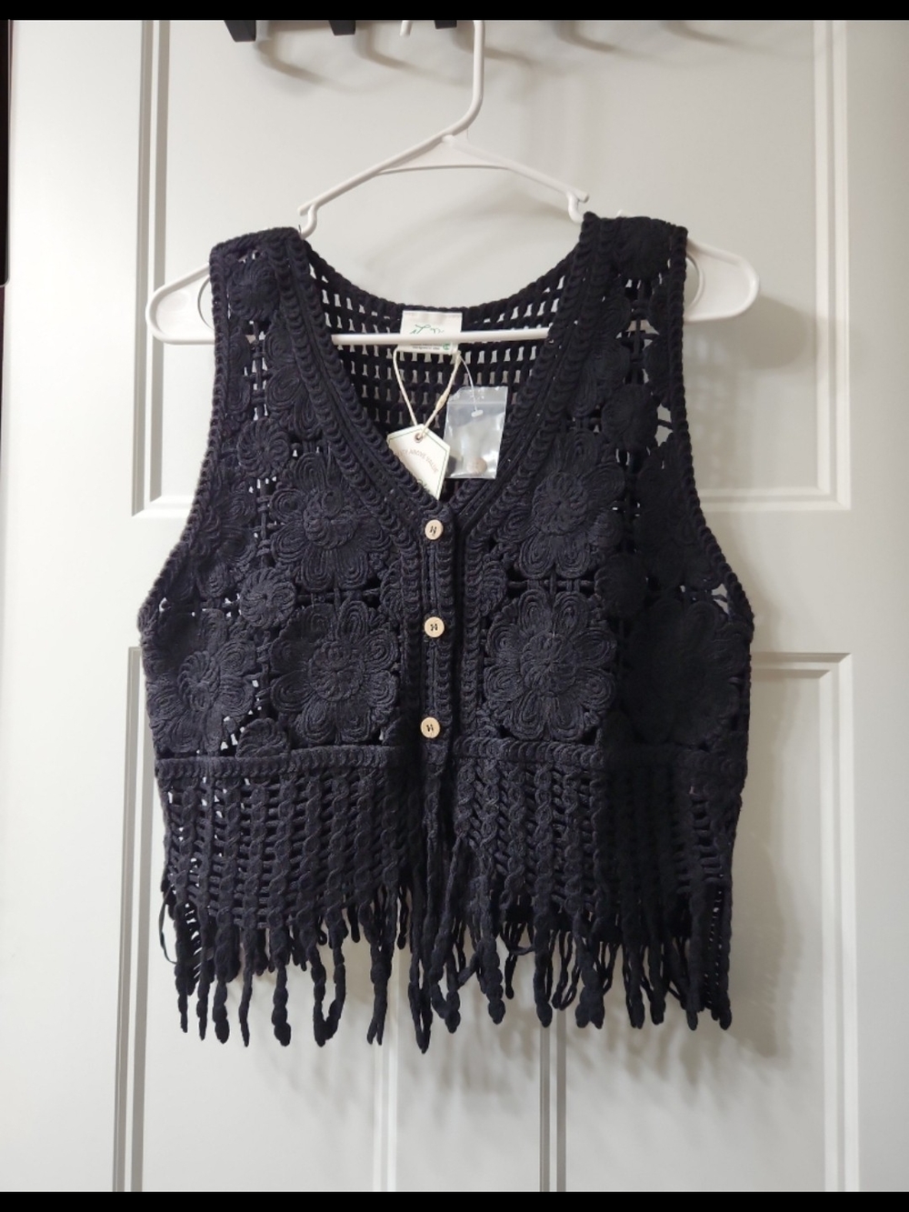 NWT Black Crochet Fringe Vest - S/M